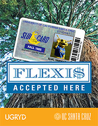 Flexis accepted here sign showing a UCSC student ID card