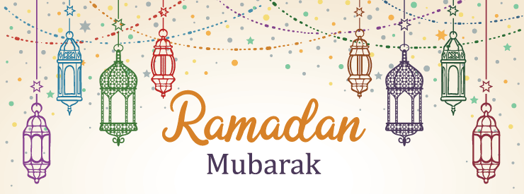 Ramadan Mubarak graphic with lanterns and string lights