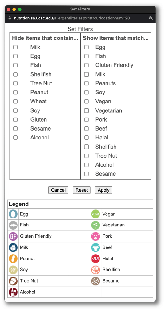 Allergen/Preference Set Filters