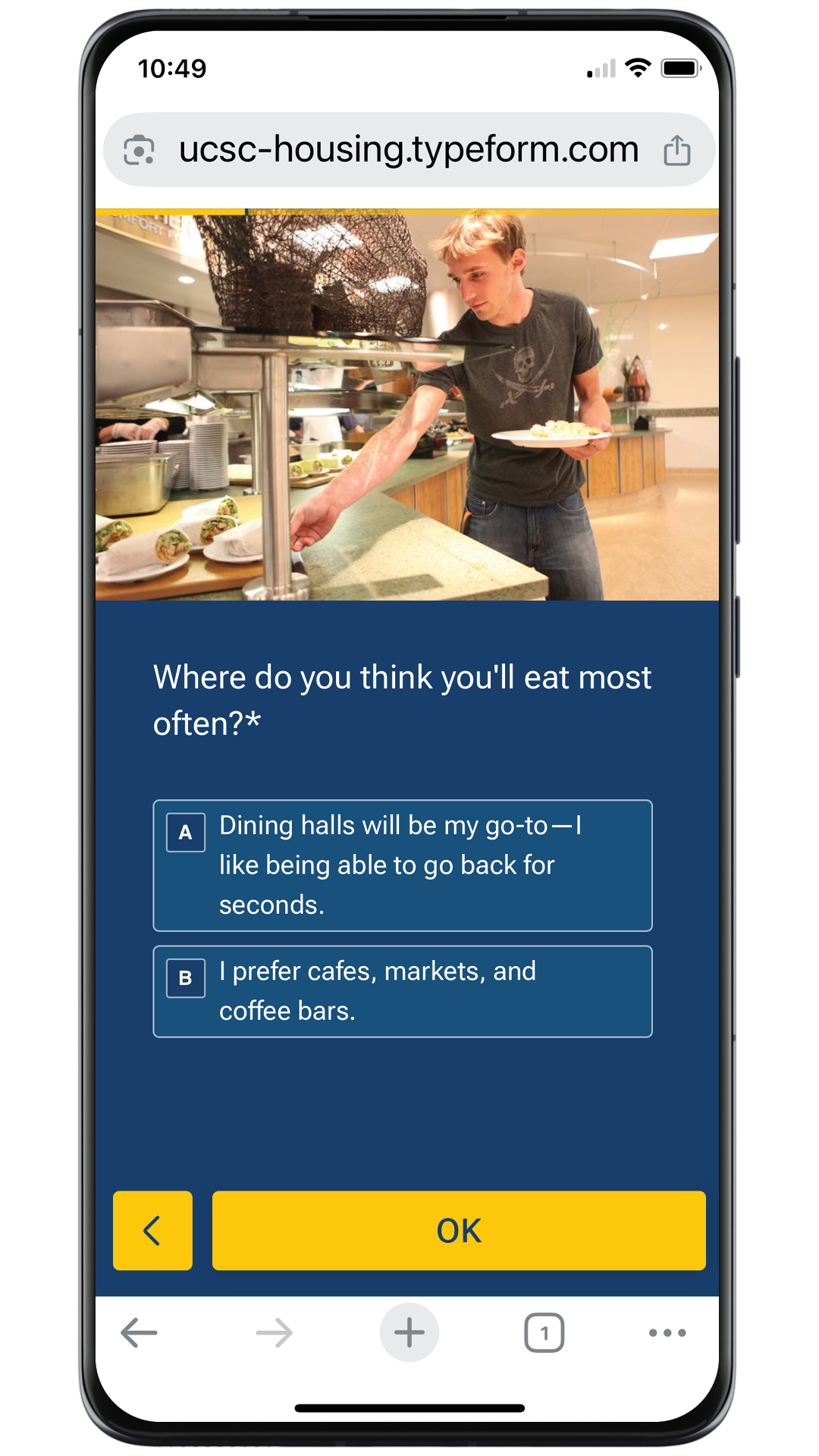 Phone with UCSC Residence Hall Meal Plan quiz on screen