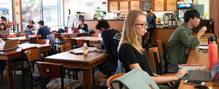 Student working on computer inside Stevenson Coffee House
